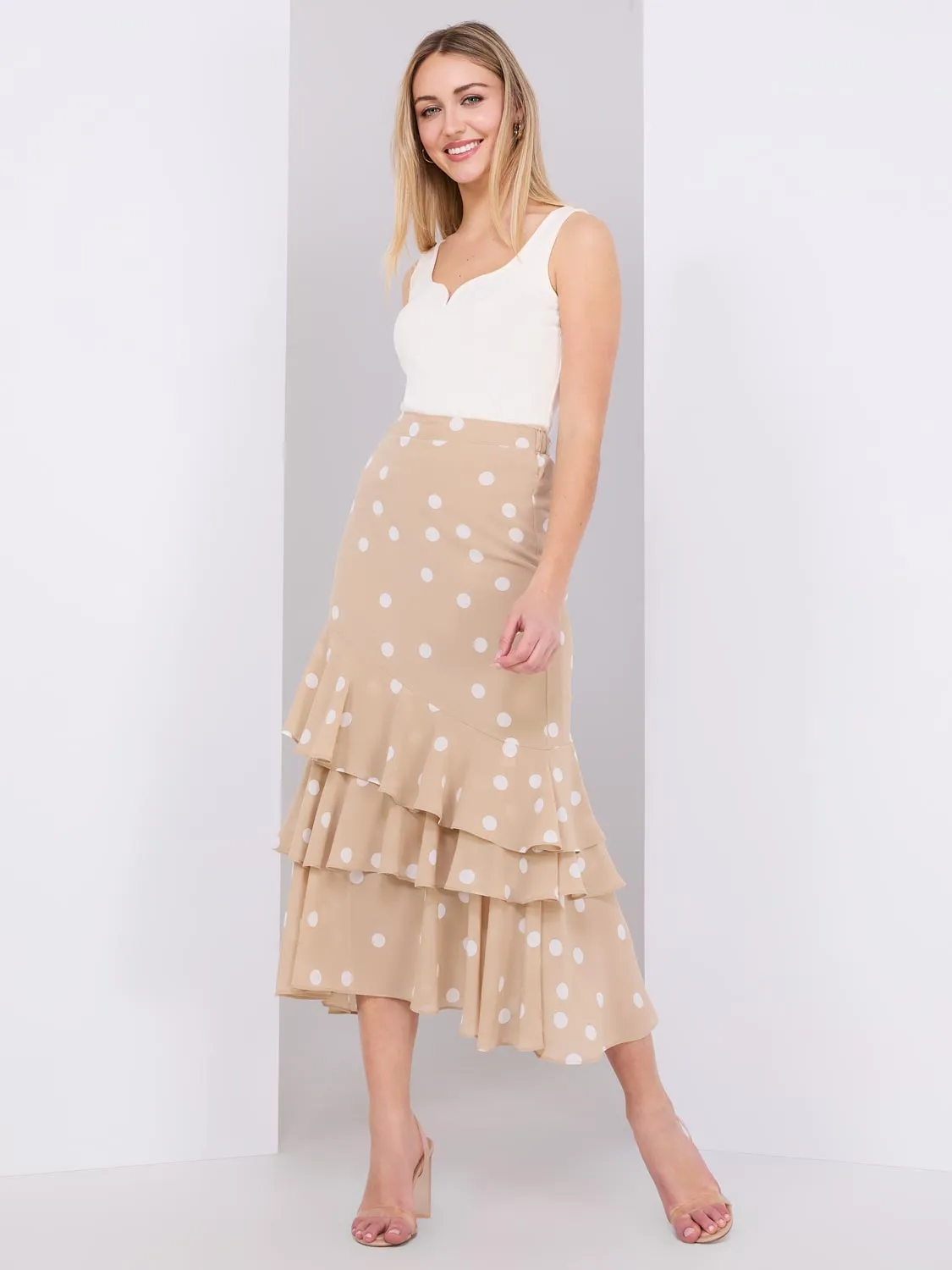 3-Tier Dot Print Chiffon Flounce Skirt