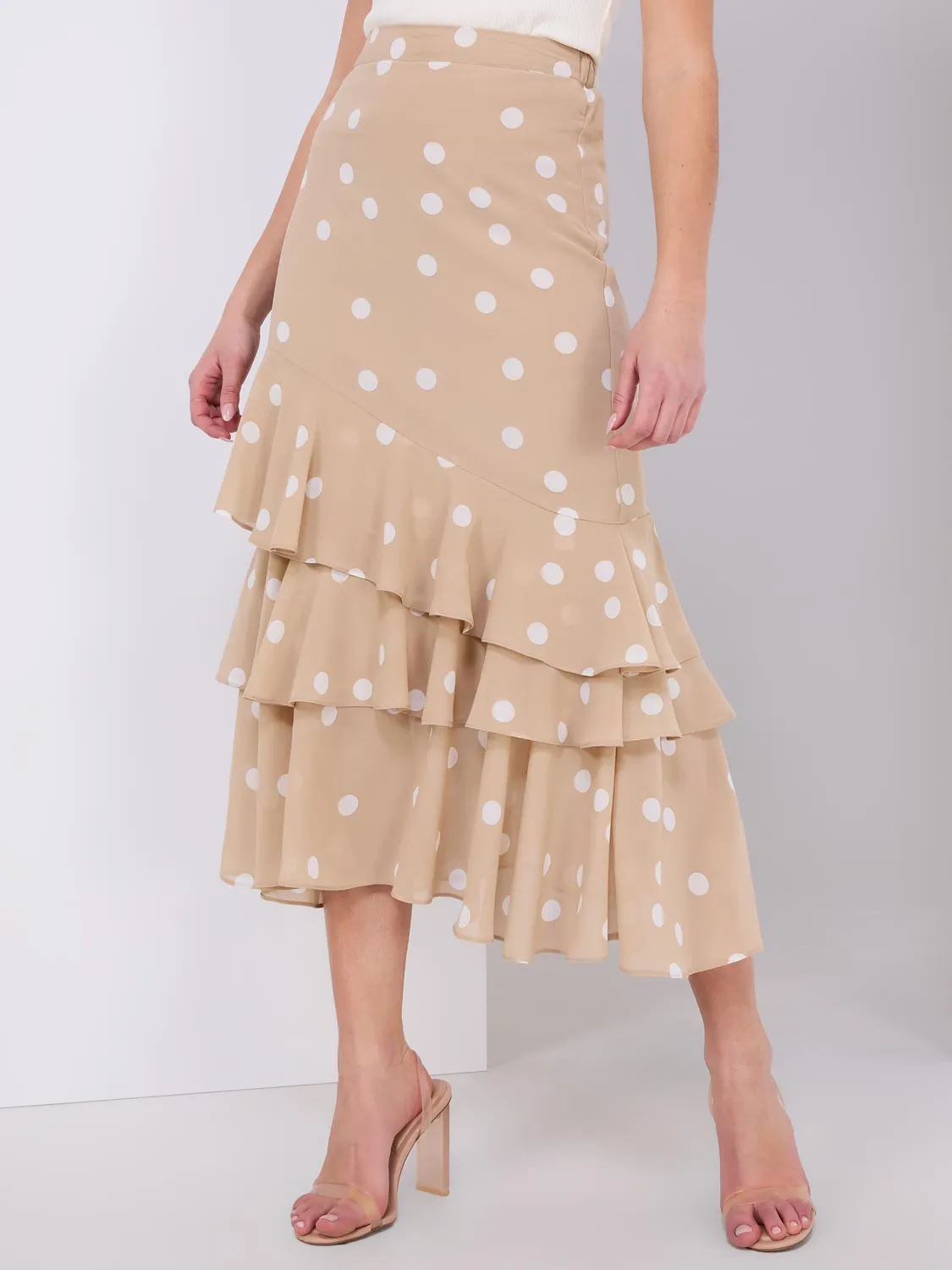 3-Tier Dot Print Chiffon Flounce Skirt