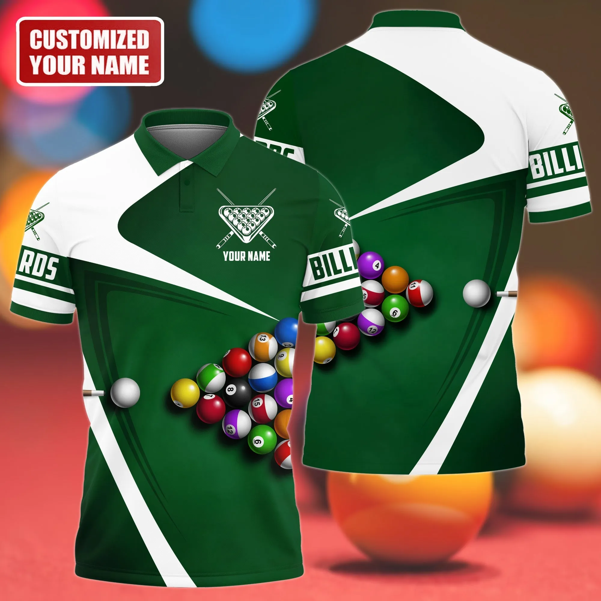 3D All Over Print White and Green Pool Polo Shirt, Pool Table Billiard Shirt, Gift for Men Women