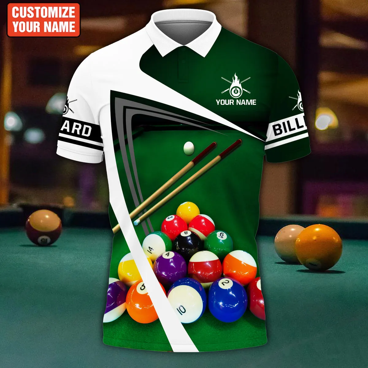 3D All Over Print White and Green Pool Polo Shirt, Pool Table Billiard Shirt, Gift for Men Women