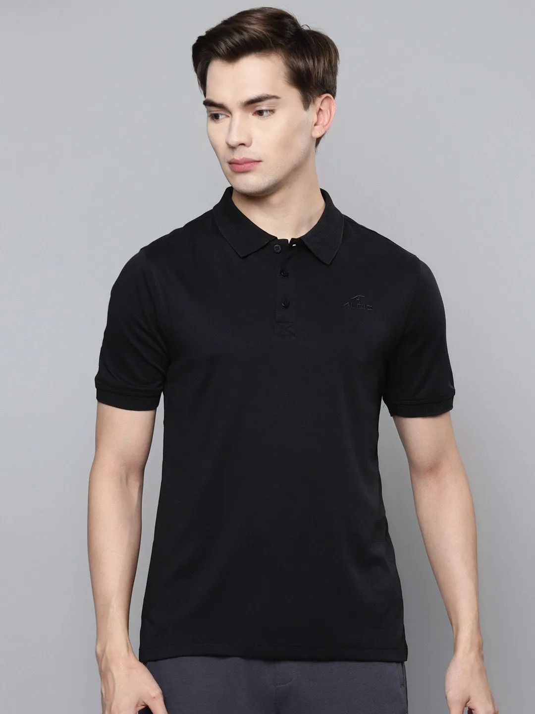 Alcis Men Black Solid Polo Collar Slim Fit T-shirt