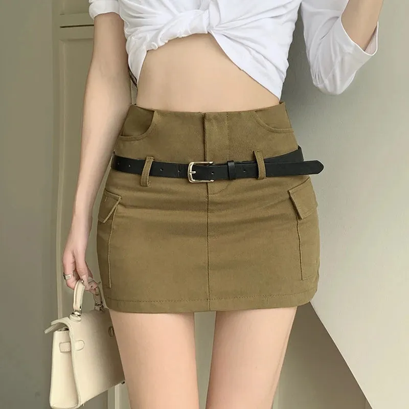 American Style Chic Belt Sexy Female Cargo Skirt High Waist A-line Tight Hip Solid Color Women's Mini Skirts Streetwear