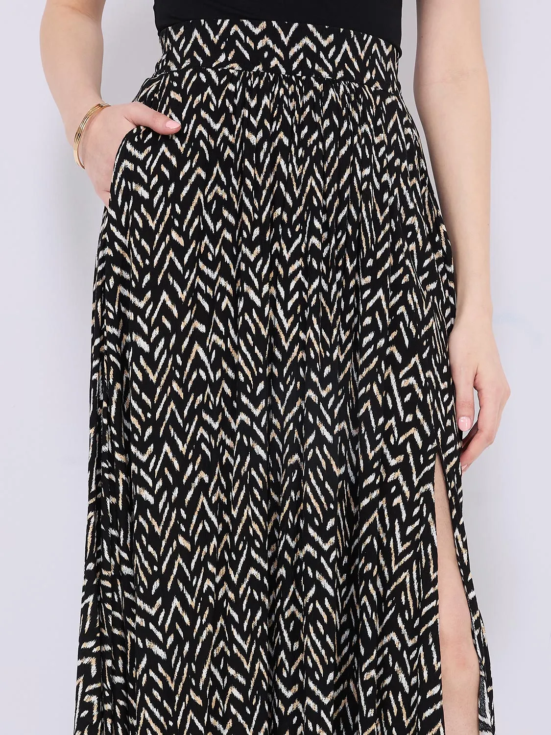 Animal Print Crinkle Maxi Skirt With Front Slit