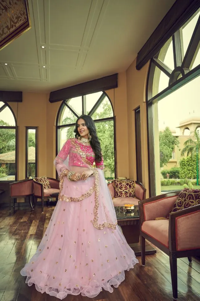 Baby Pink Soft Net Designer Lehenga Choli - Rent