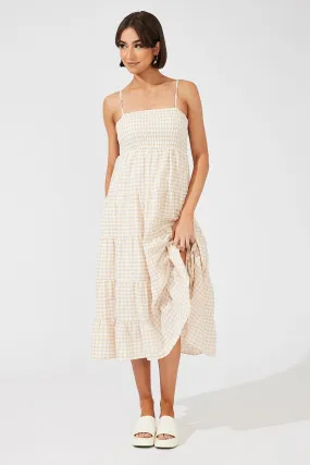 Beige Check Midi Dress Sleeveless Shirred