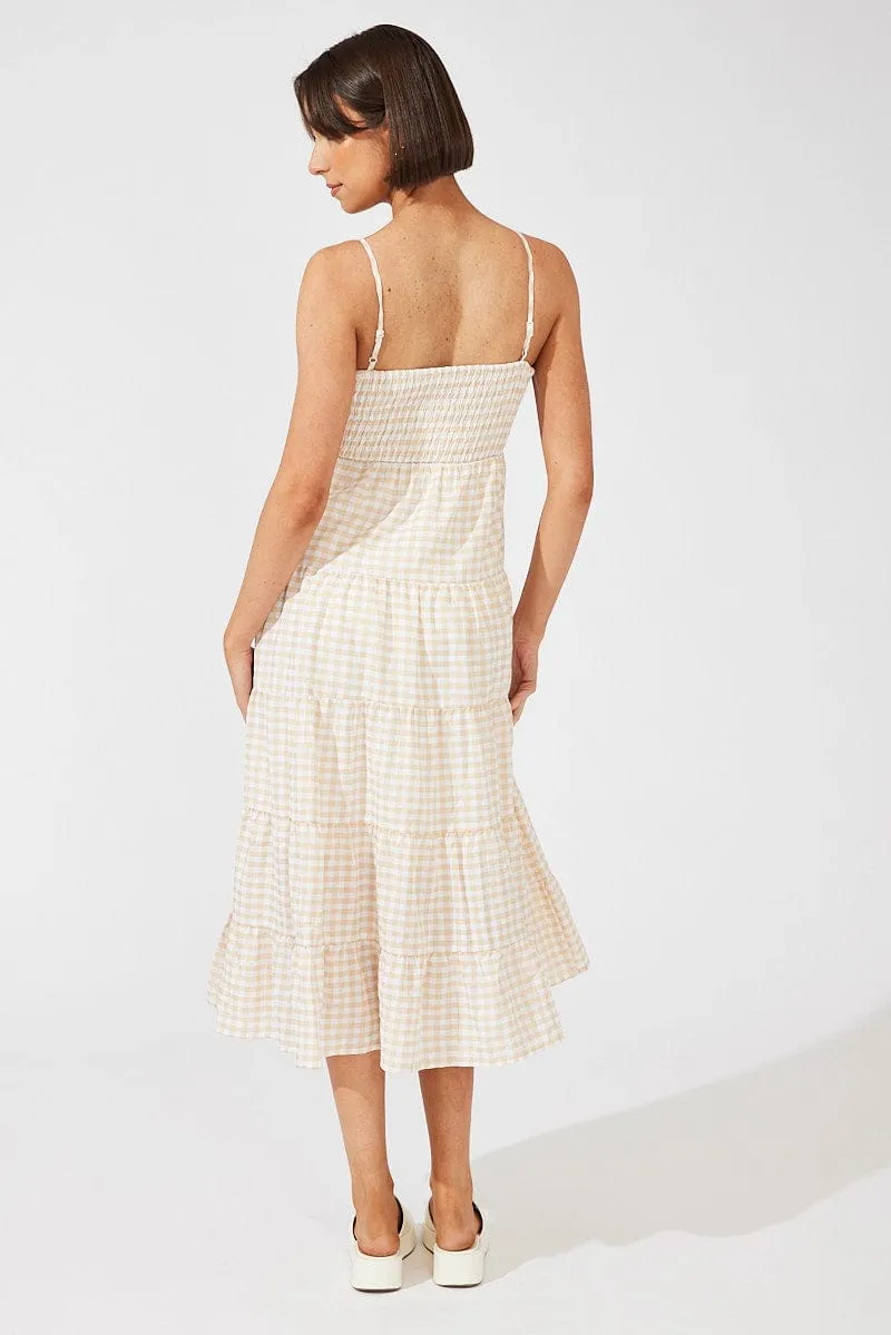 Beige Check Midi Dress Sleeveless Shirred