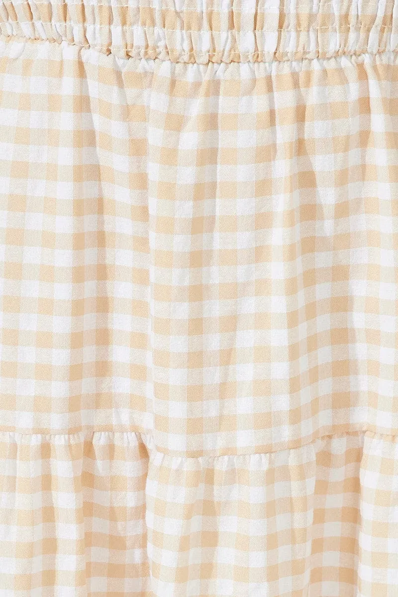 Beige Check Midi Dress Sleeveless Shirred