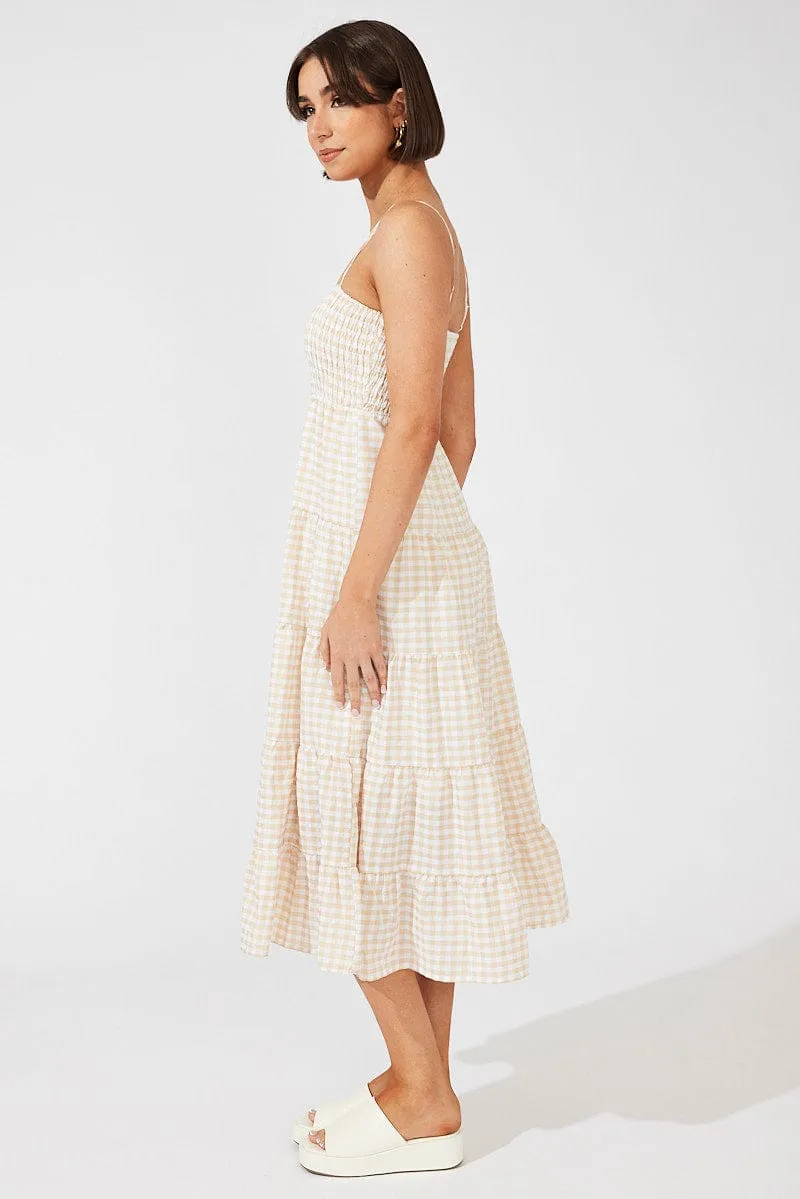 Beige Check Midi Dress Sleeveless Shirred