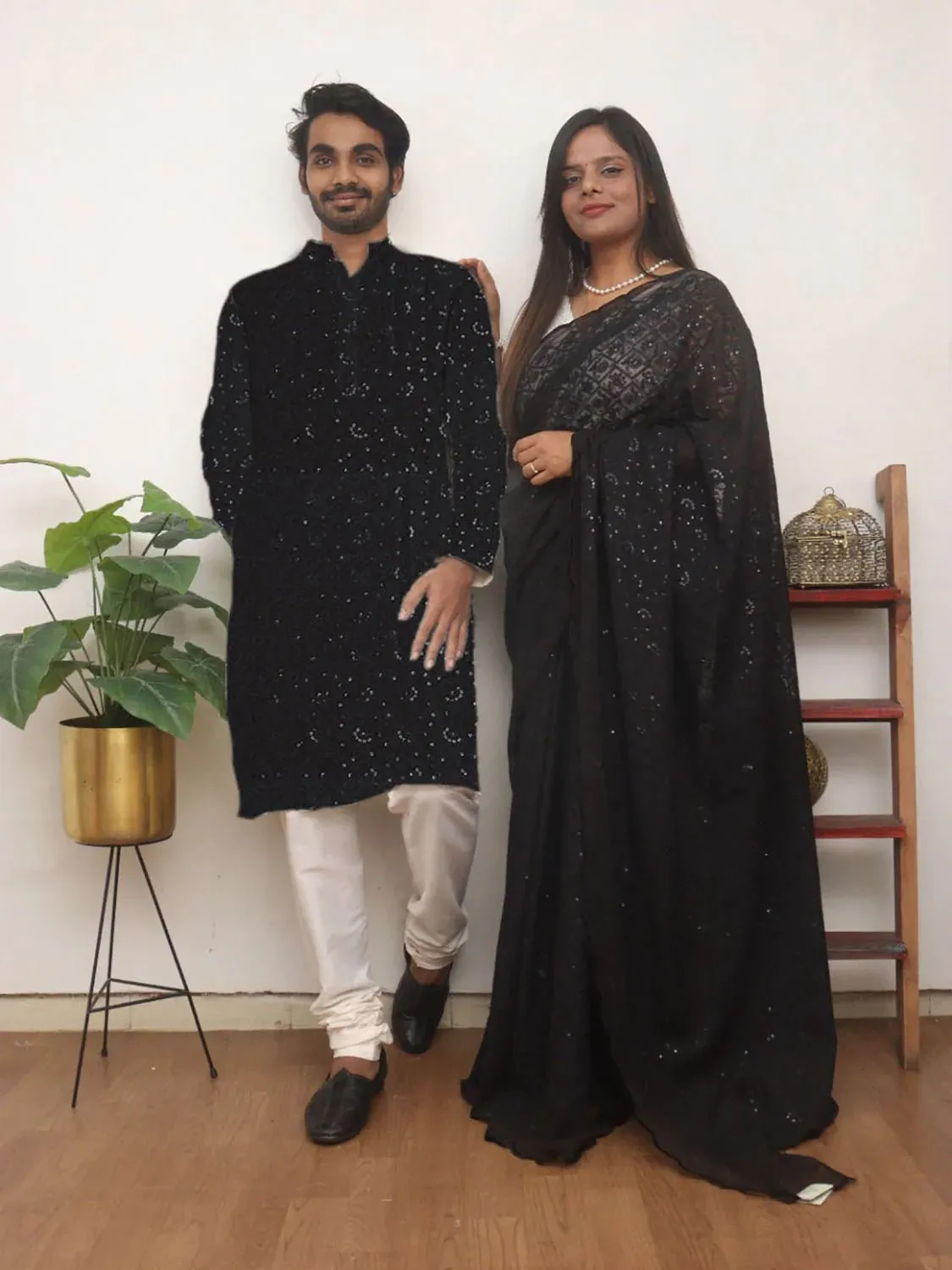 Black Chikankari Embroidered Georgette Sequins Couple Set