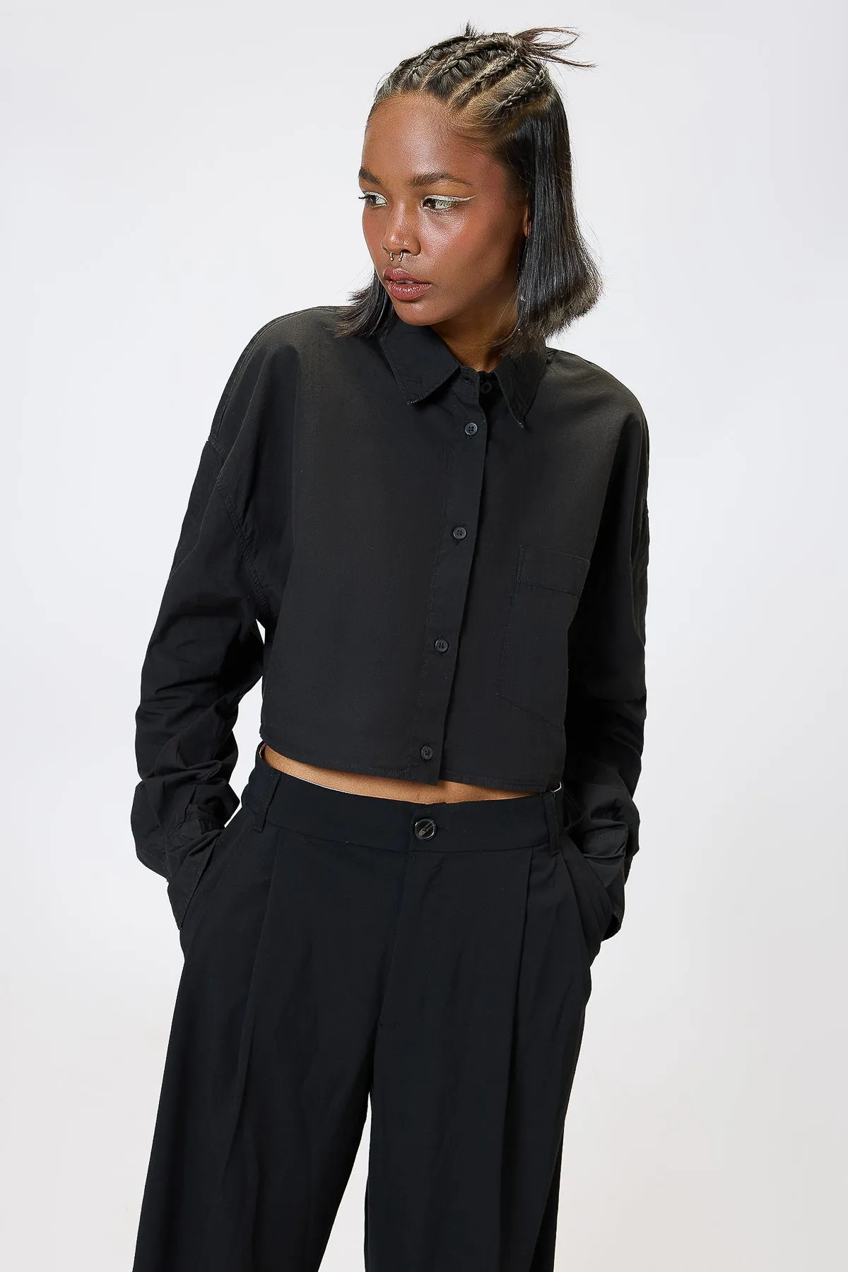 Black Cropped Cotton Shirt