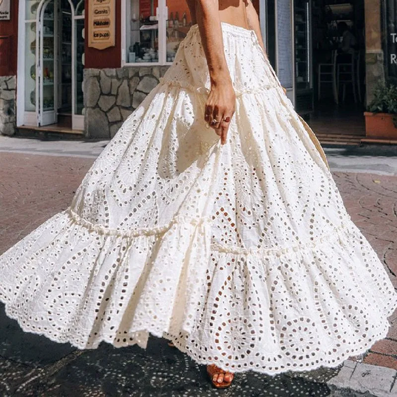 Boho Chic Eyelet Skirt High Elastic Waistband Ruffle Flowy Midi Skirts