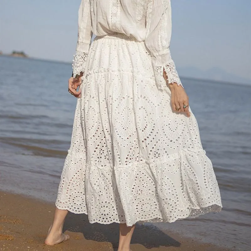 Boho Chic Eyelet Skirt High Elastic Waistband Ruffle Flowy Midi Skirts