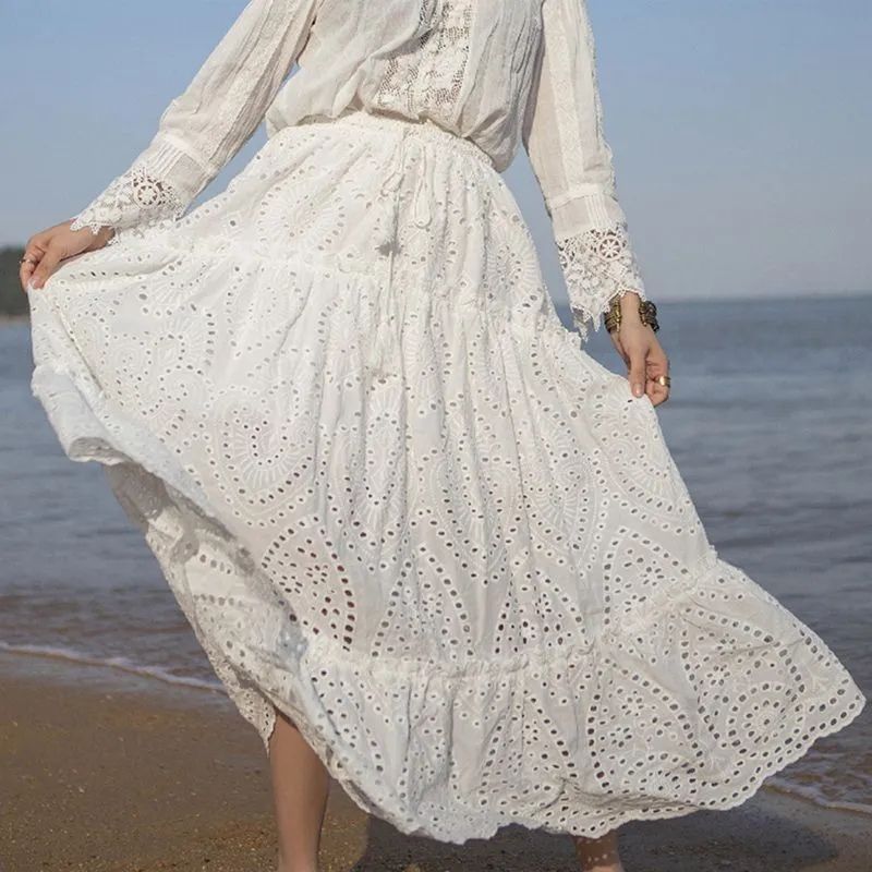 Boho Chic Eyelet Skirt High Elastic Waistband Ruffle Flowy Midi Skirts