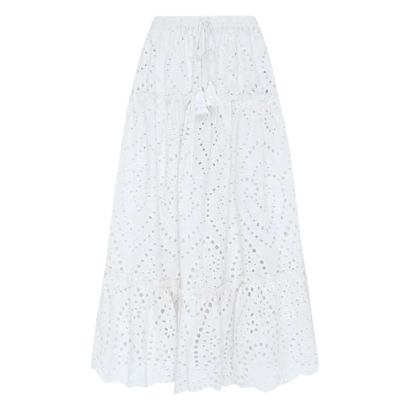 Boho Chic Eyelet Skirt High Elastic Waistband Ruffle Flowy Midi Skirts