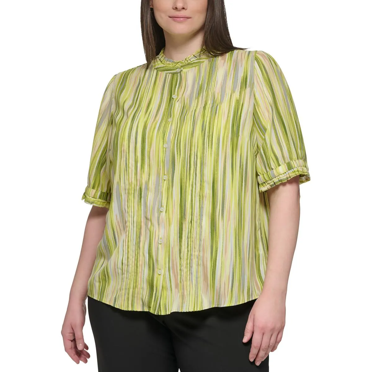 Calvin Klein Womens Plus Ruffled Striped Button-Down Top