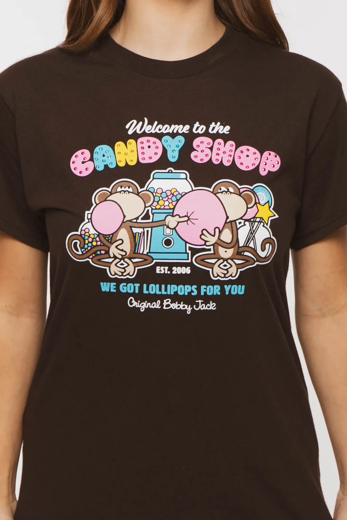 Candy Shop  - Bobby Jack Boyfriend Rhinestone T-Shirt -Brown