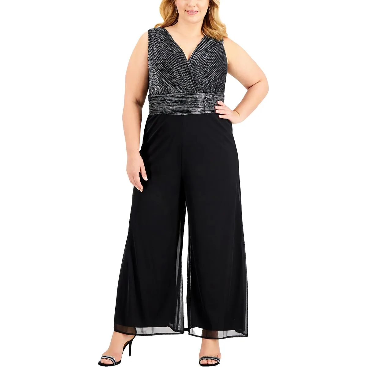 Connected Apparel Womens Plus Metallic Surplice Jumpsuit