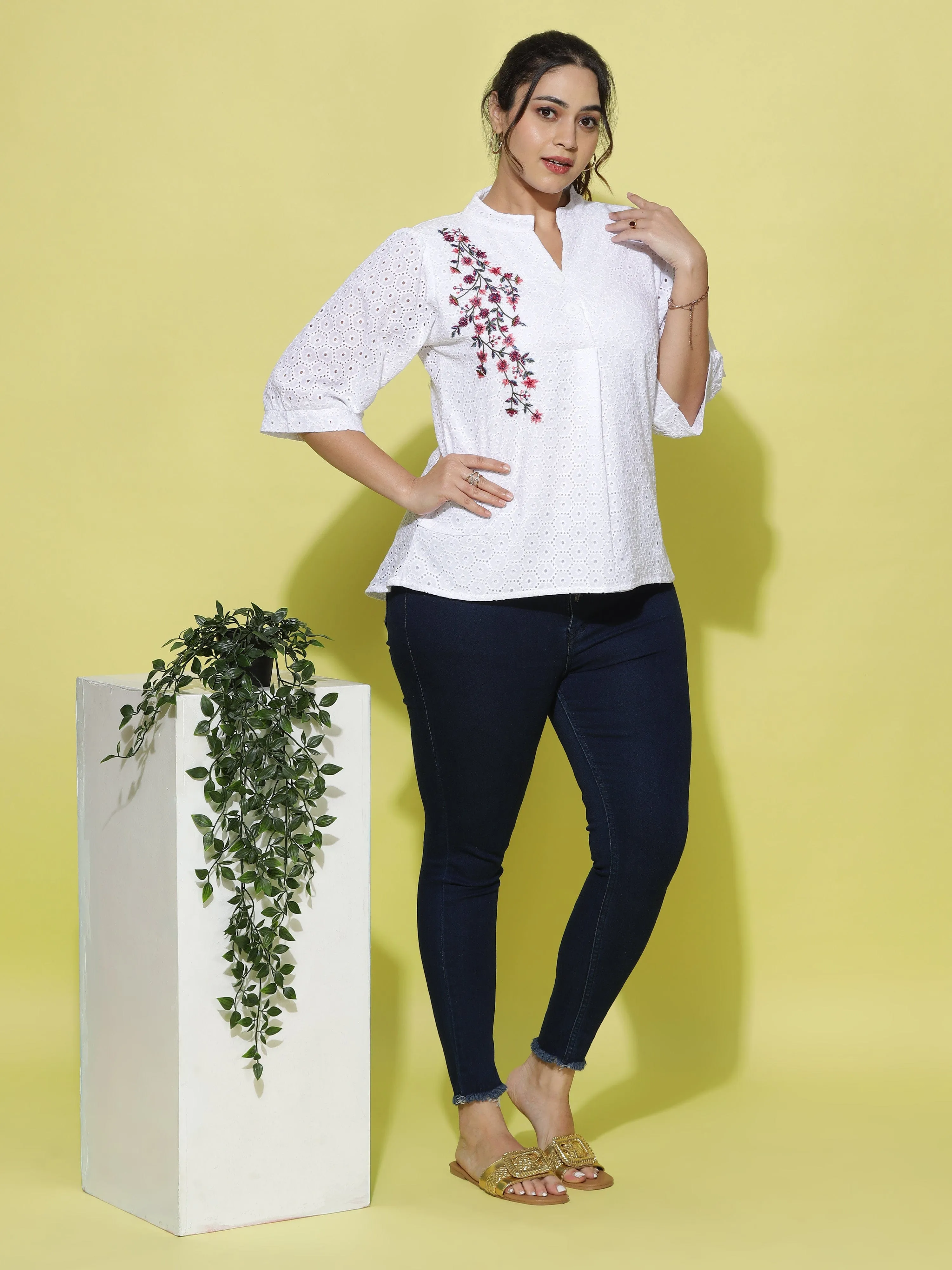 Cotton Top Floral Embroidery White