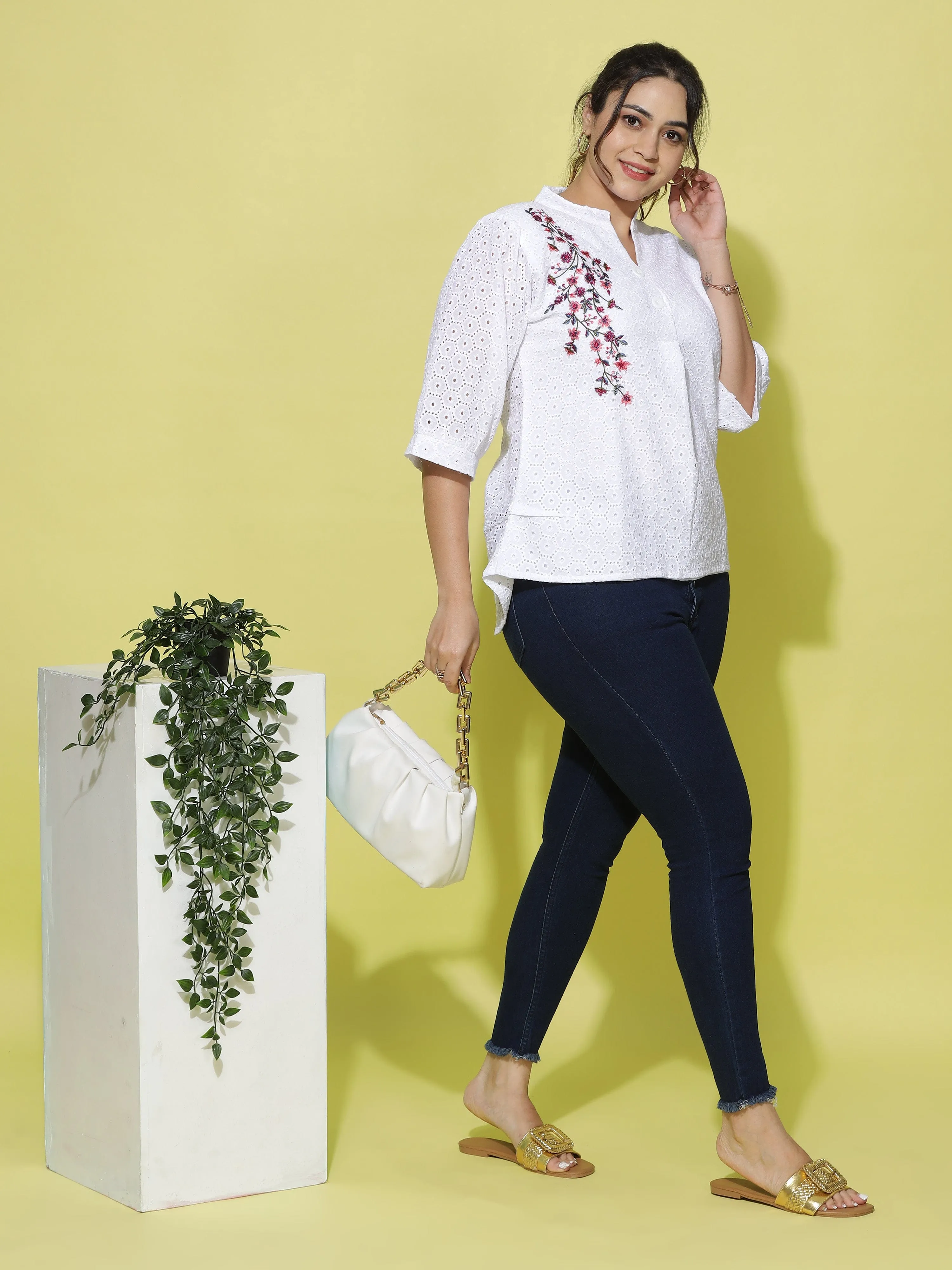 Cotton Top Floral Embroidery White