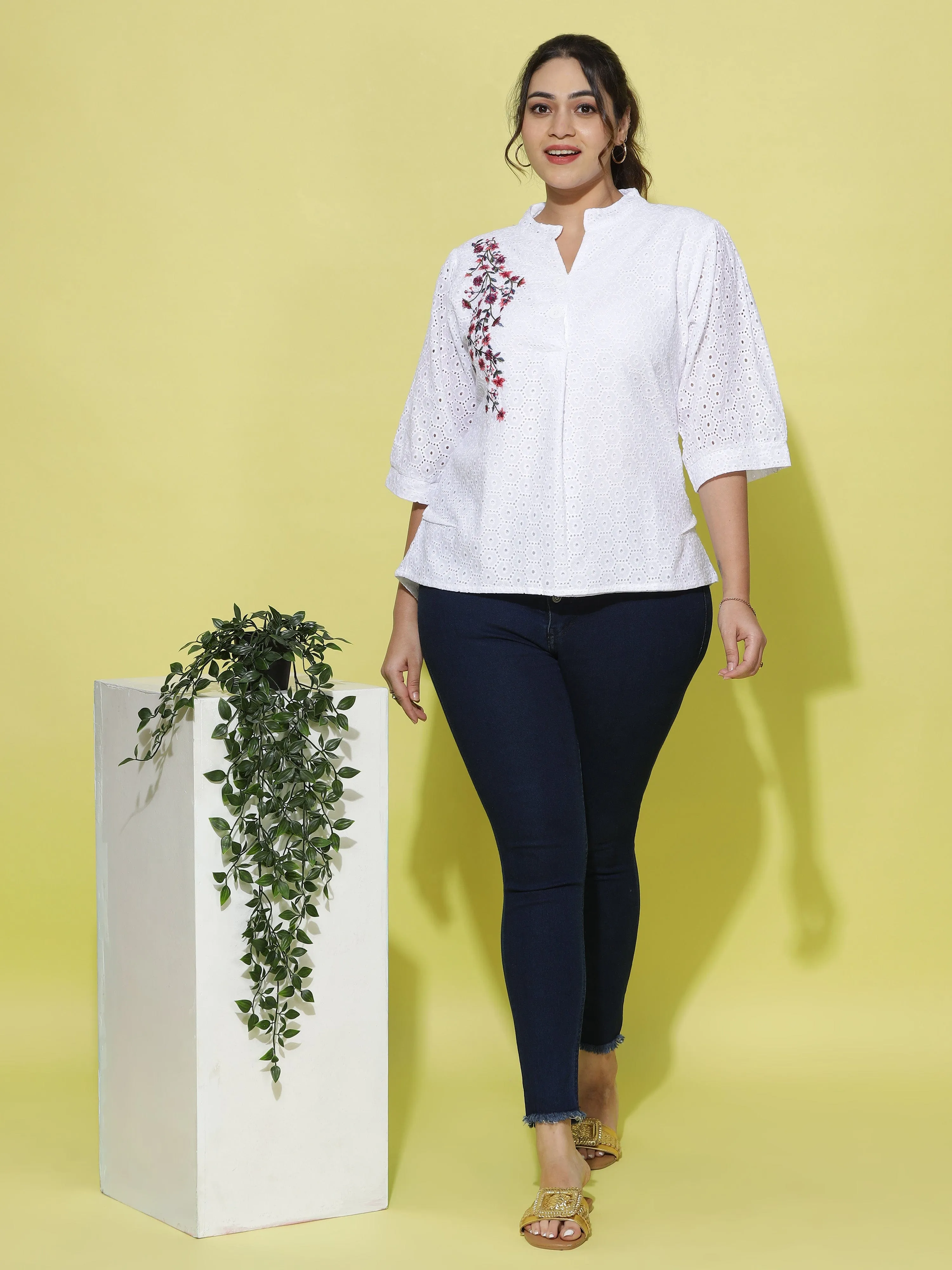 Cotton Top Floral Embroidery White