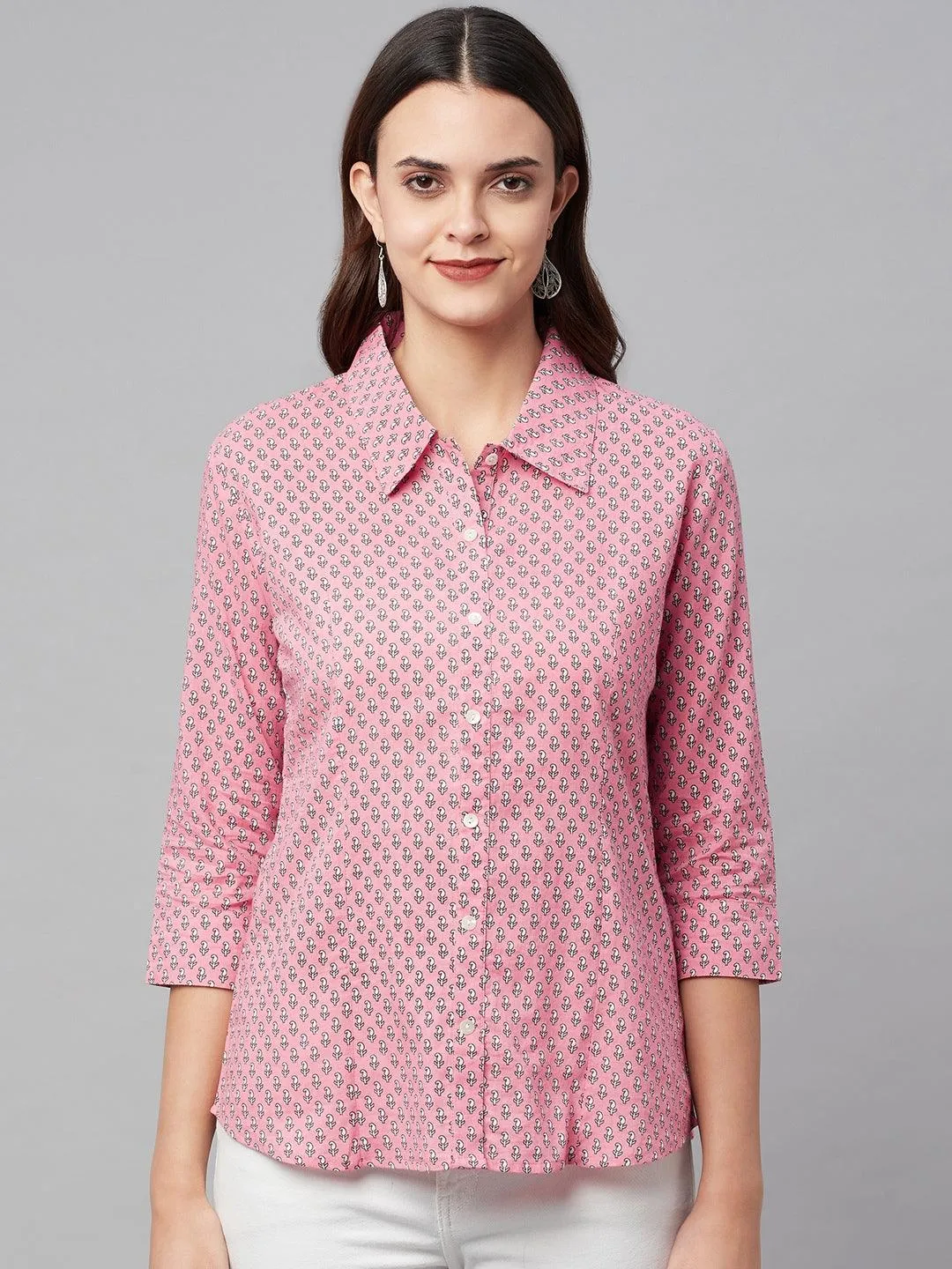 Divena Baby Pink Block Printed Casual Women Shirts