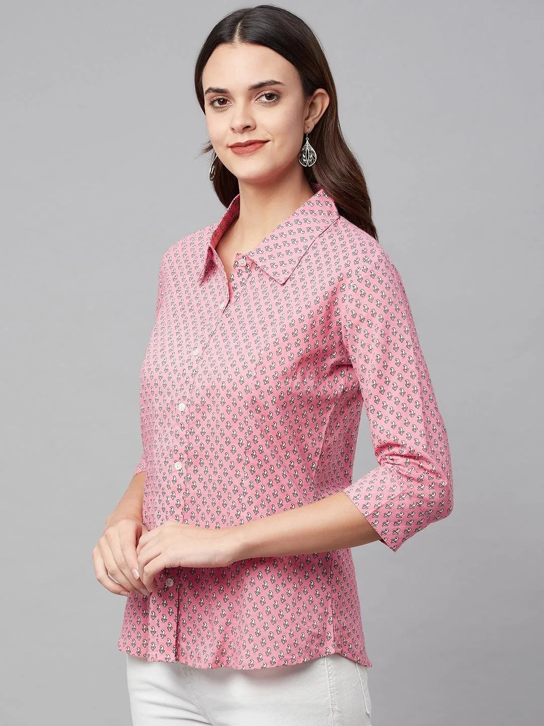 Divena Baby Pink Block Printed Casual Women Shirts