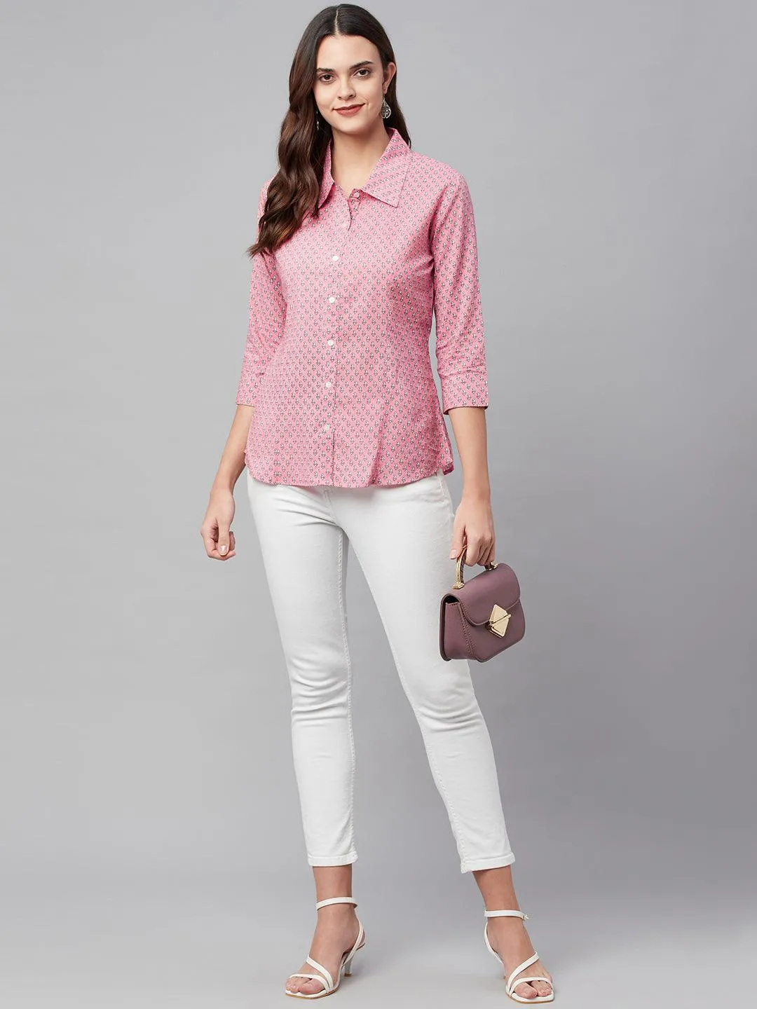 Divena Baby Pink Block Printed Casual Women Shirts