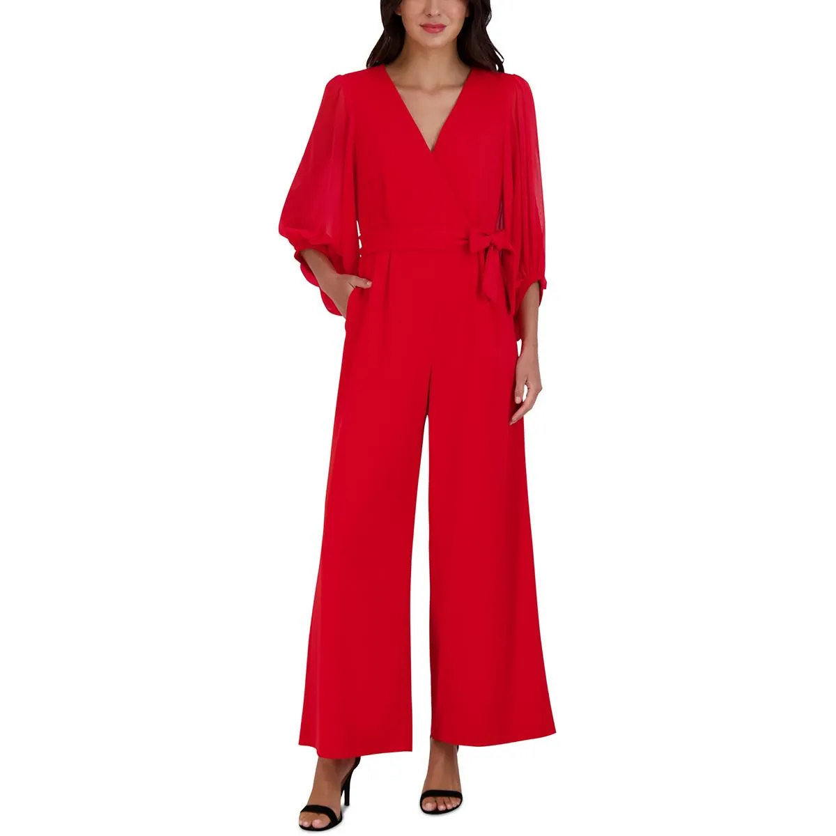 Donna Ricco Womens Surplice Neck Balloon Sleeves Jumpsuit