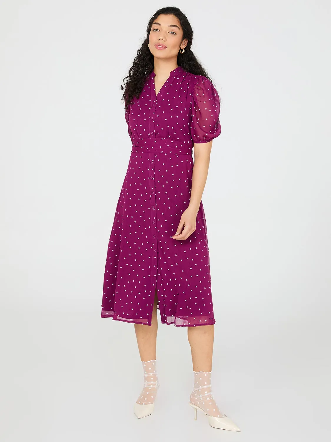 Dot Print Split Neck Dress With Balloon Sleeves