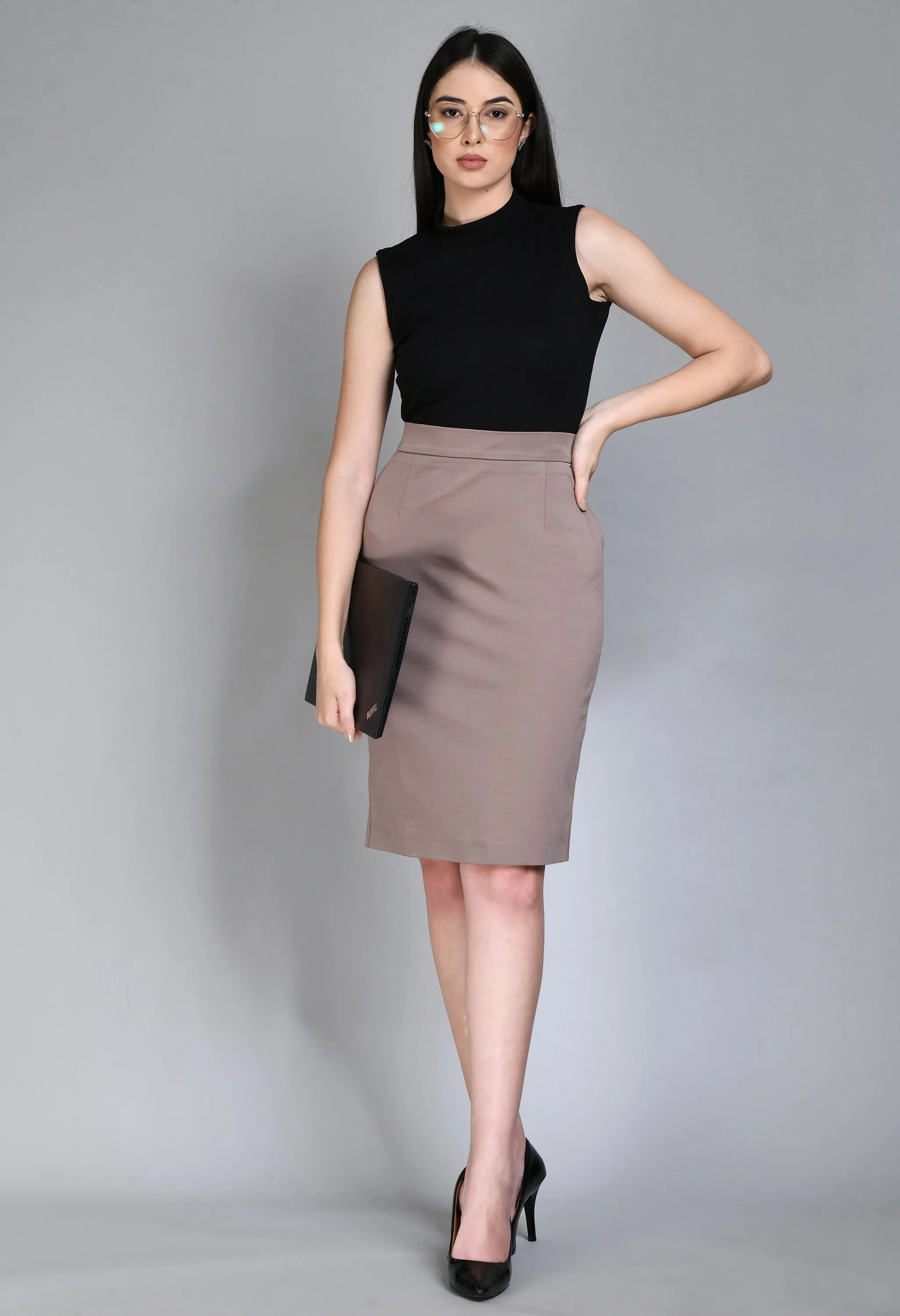 Exude Leadership Solid 4 Way Stretch Pencil Skirt (Camel Beige)