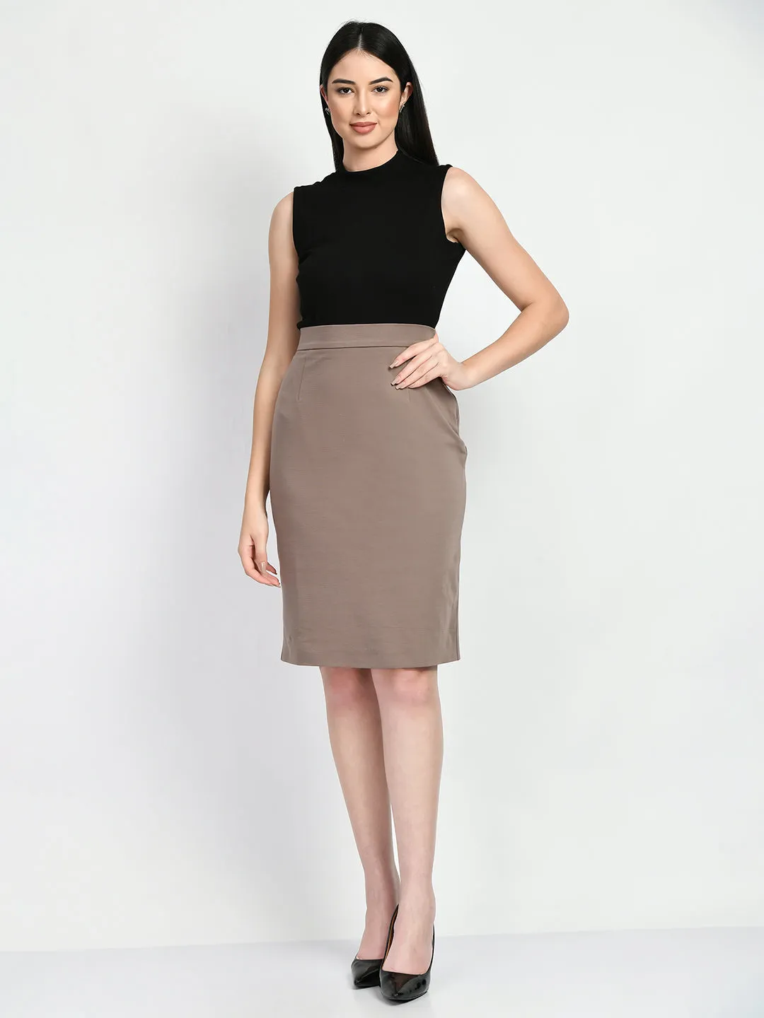 Exude Leadership Solid 4 Way Stretch Pencil Skirt (Camel Beige)