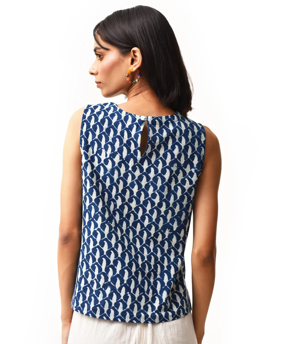 Indigo hand block cotton sleeveless round neck top