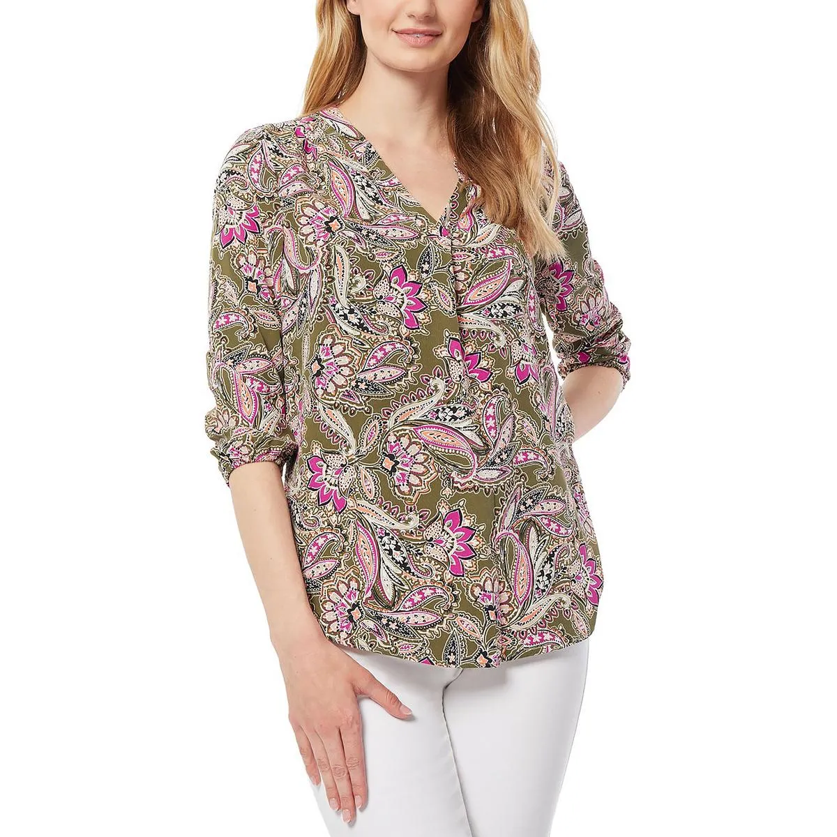 Jones New York Womens Paisley V-Neck Blouse