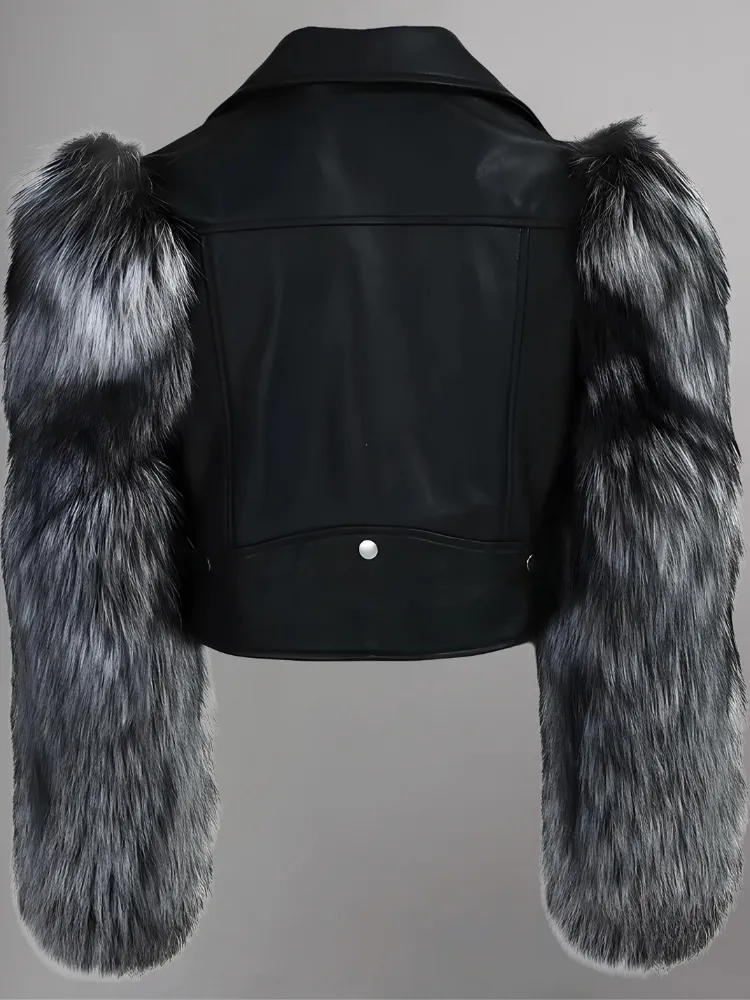 Leather Biker Jacket With Fluffy Fur Sleeves