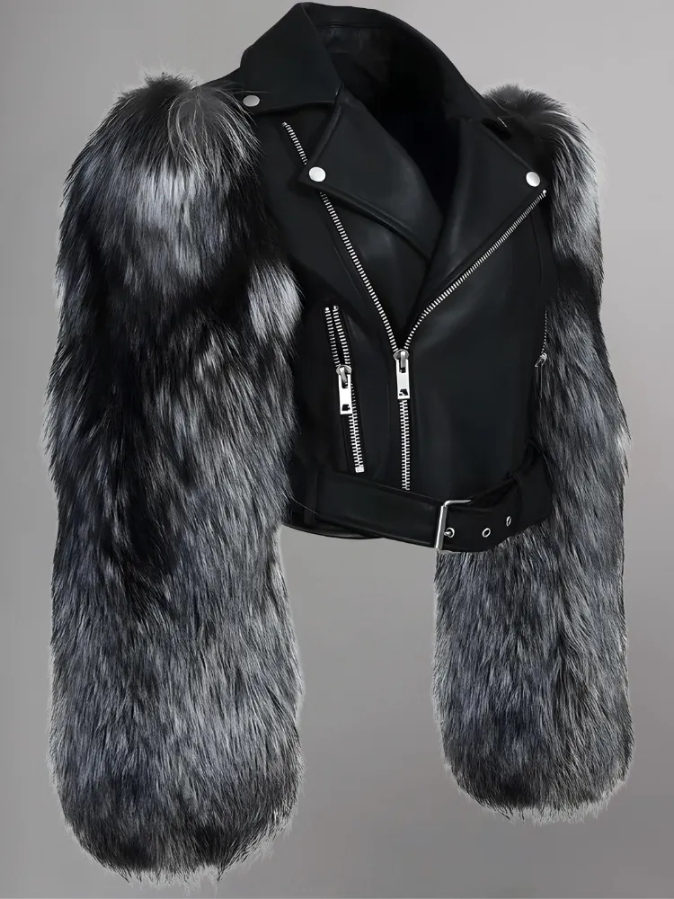 Leather Biker Jacket With Fluffy Fur Sleeves