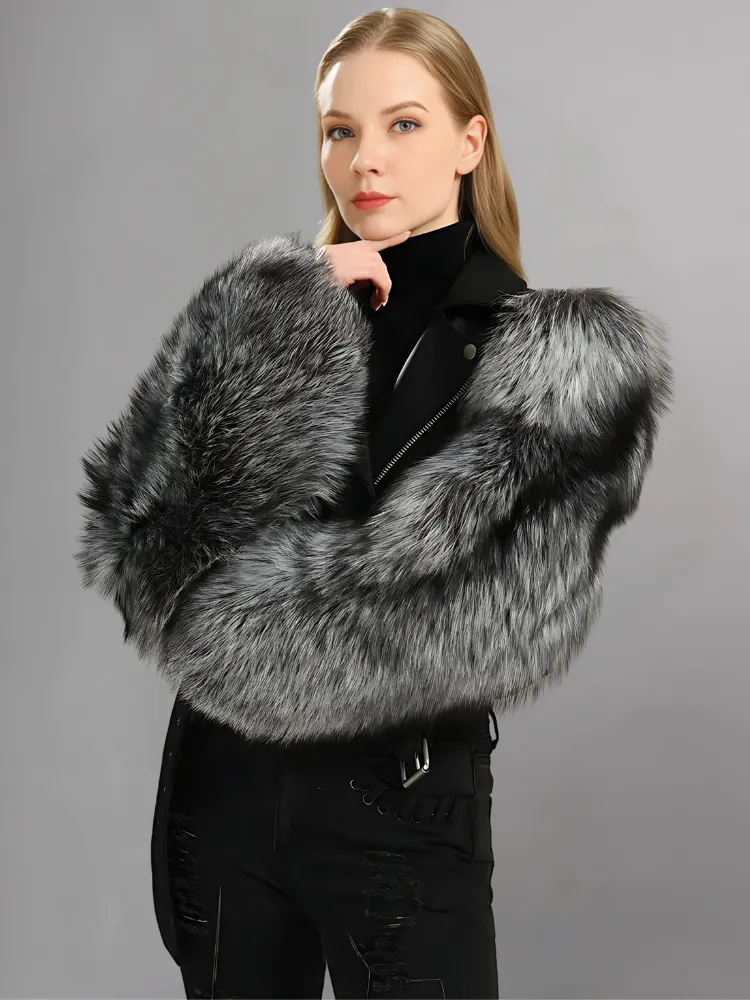 Leather Biker Jacket With Fluffy Fur Sleeves