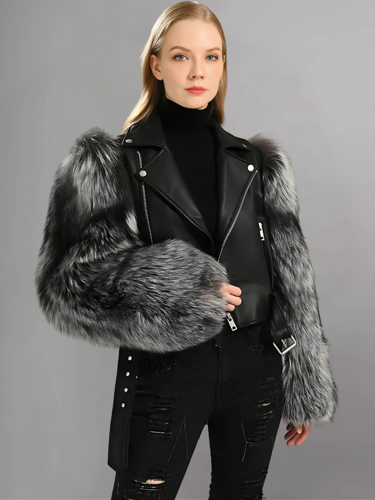 Leather Biker Jacket With Fluffy Fur Sleeves