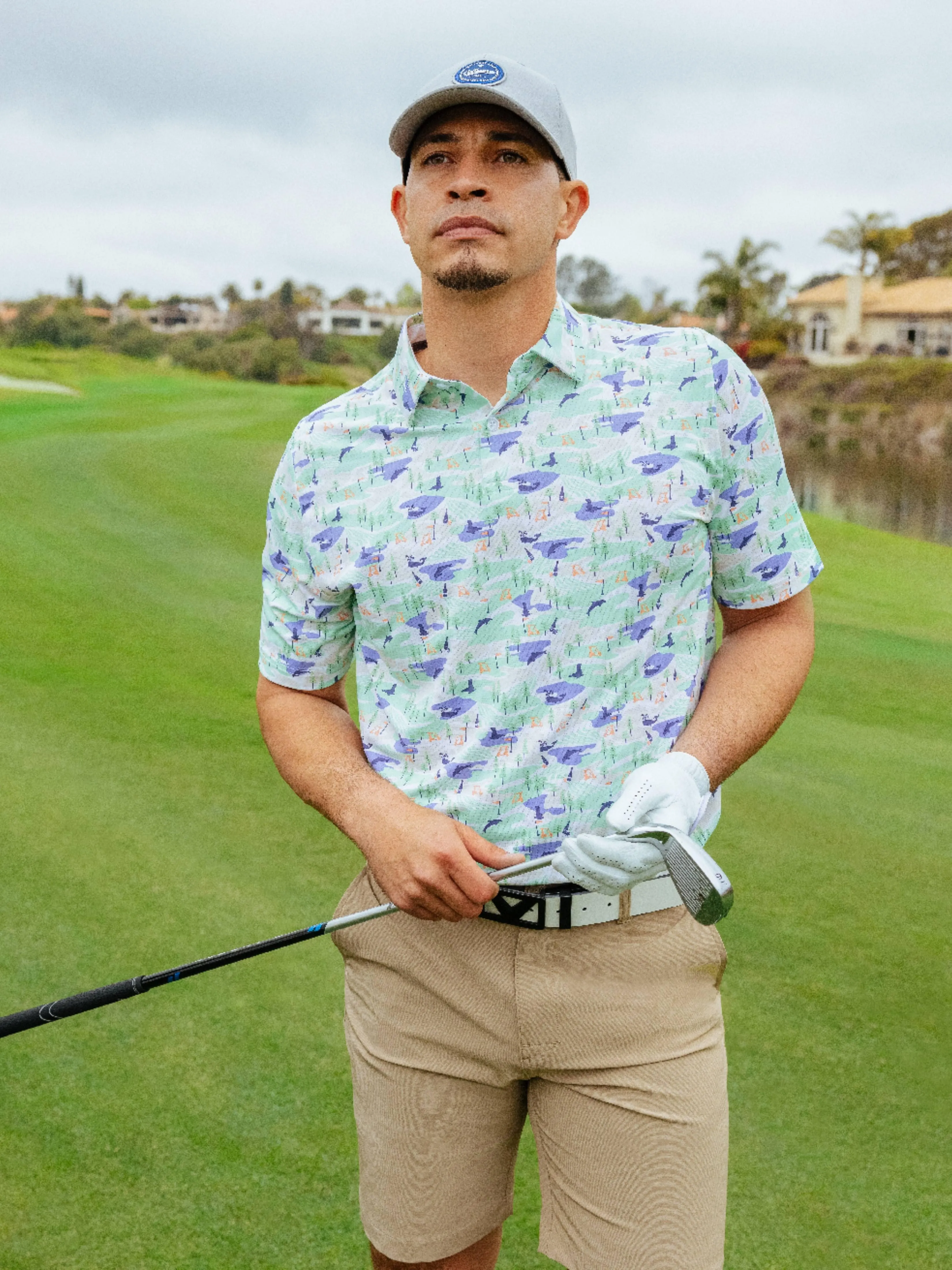 Mens Abstract Coastal Print Golf Polo