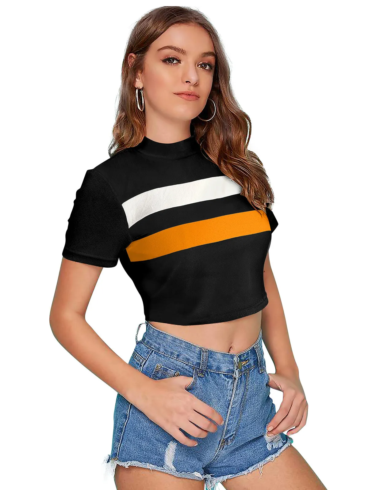 Odette Black Polyester Color Block Top For Women