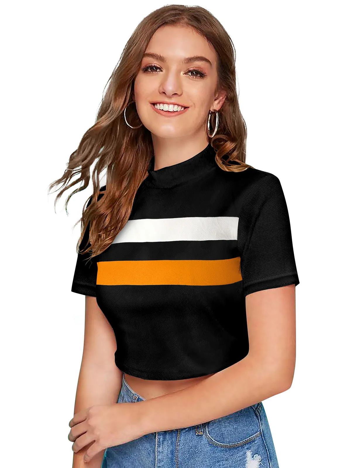 Odette Black Polyester Color Block Top For Women