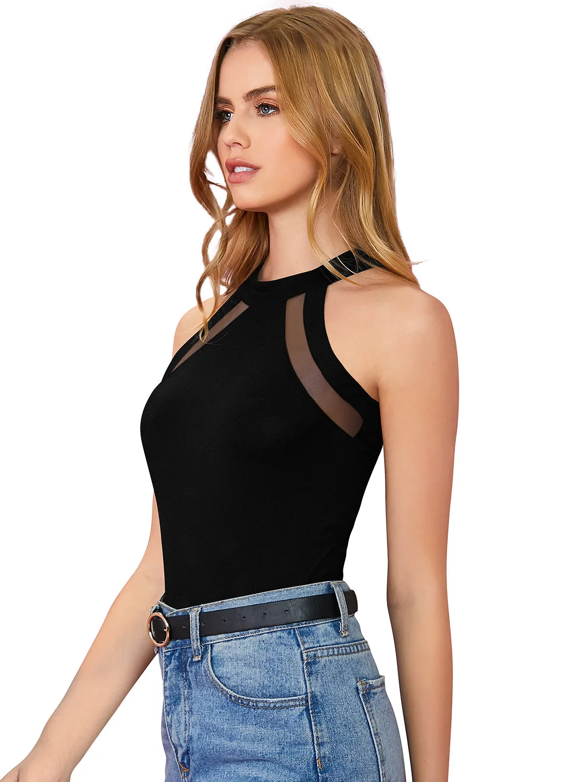 Odette Black Polyester Solid Top For Women