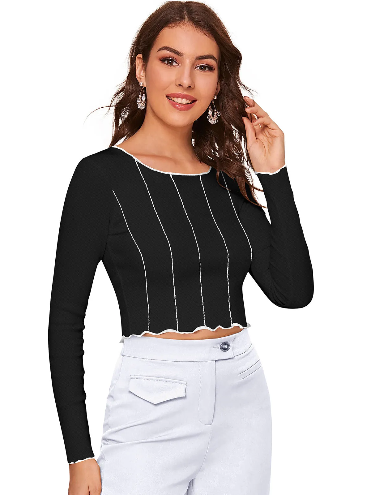 Odette Black Polyester Striped Top For Women