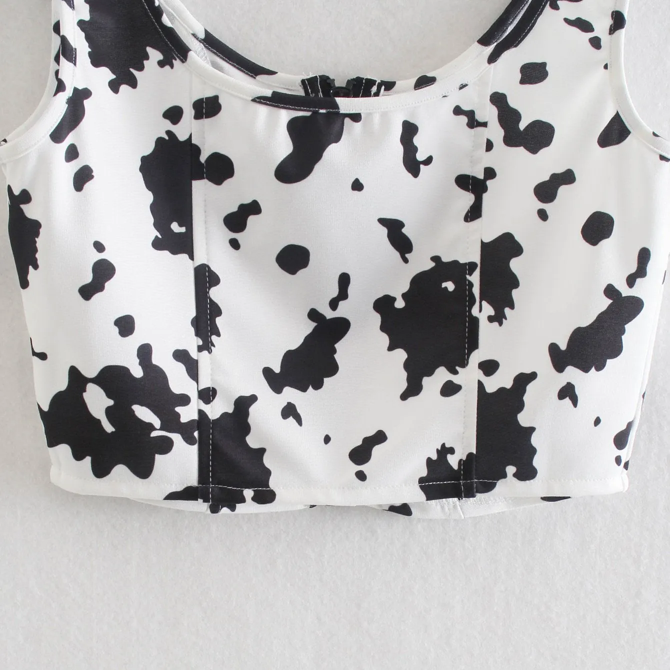 Women Summer Crop Top Cow spots Zip Up Casual Fashion Sexy Chic Lady