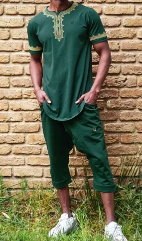 QL ETNIZ Set Relaxed Shorts and Embroidered Top in Emerald Green and Gold