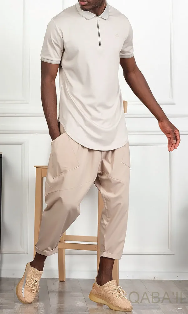 QL Relaxed Polo Zip Up in Beige