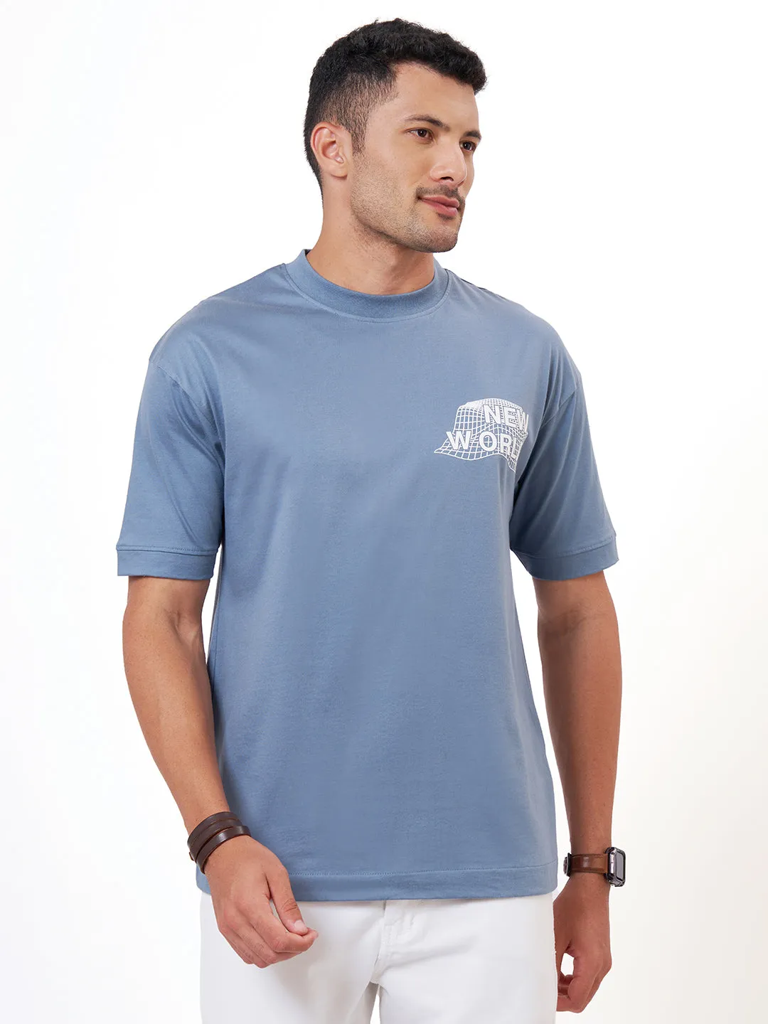 Steel Blue Printed Half Sleeve Oversized T-Shirt