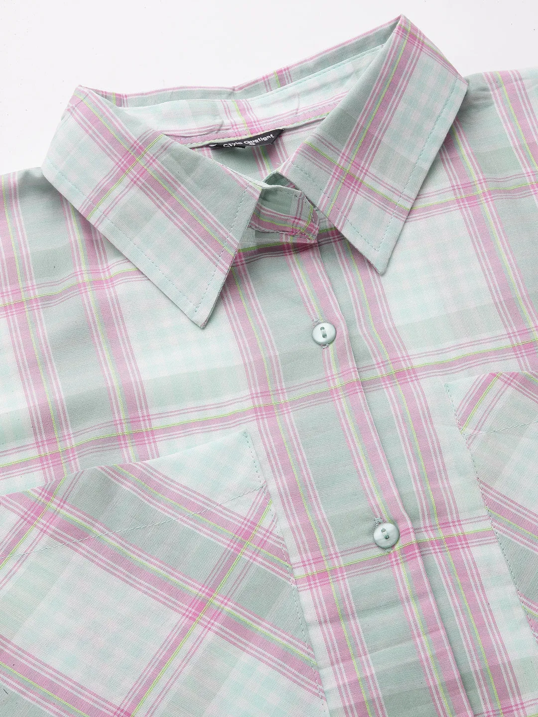 Style Quotient Women Green And Pink Checked Regular Smart Casual Shirt Dress