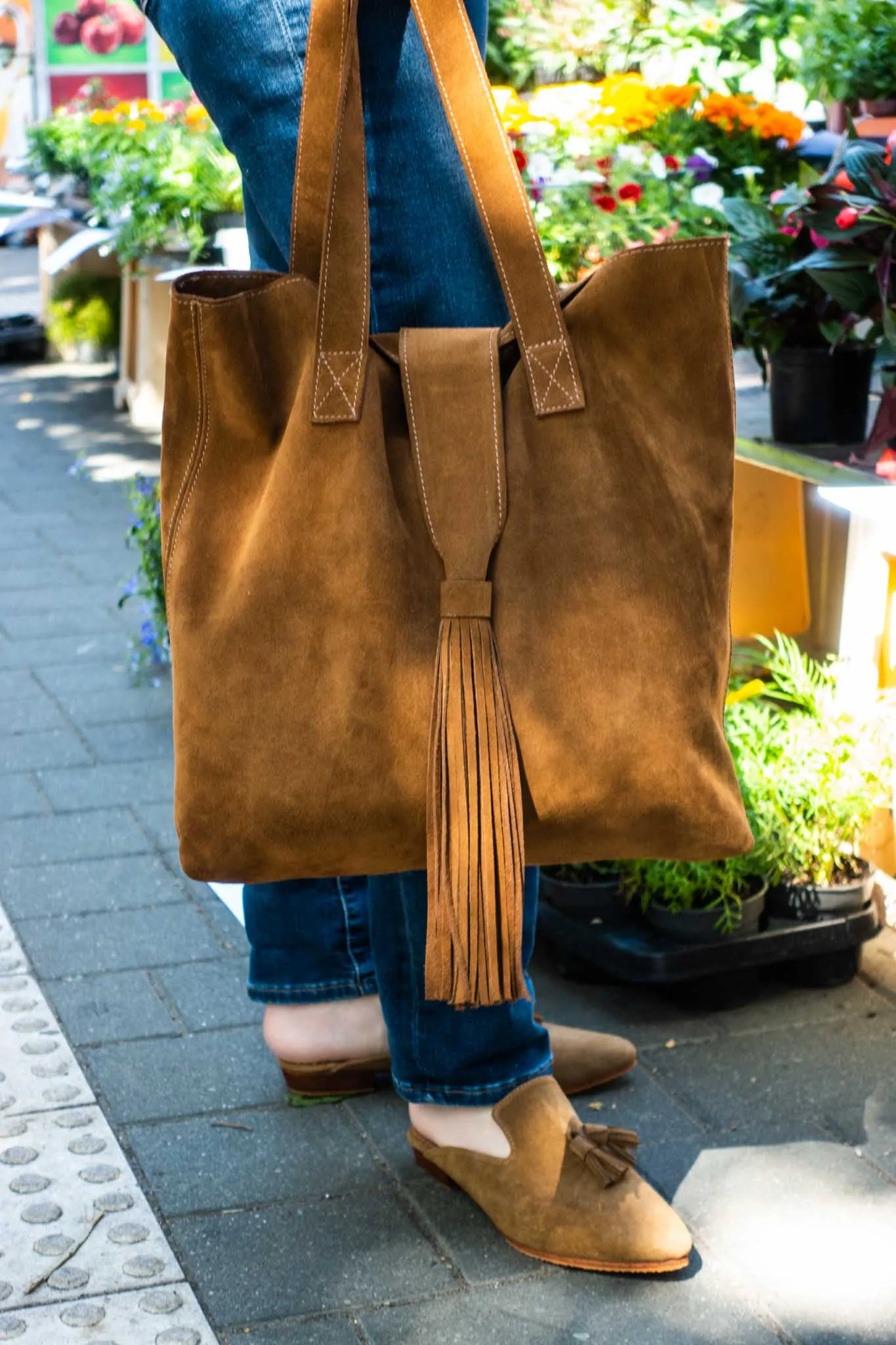 Suede Leather Pompom Mules in Brown