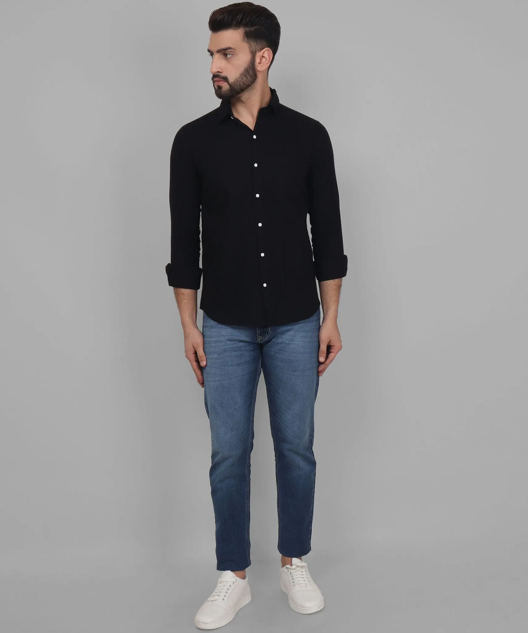 TryBuy Exclusive Fancy Button Down Black Linen Button-Up Shirt For Men