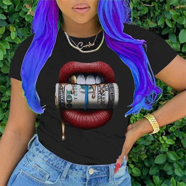 Women Dollar Lip Pattern 100% Cotton T-shirts